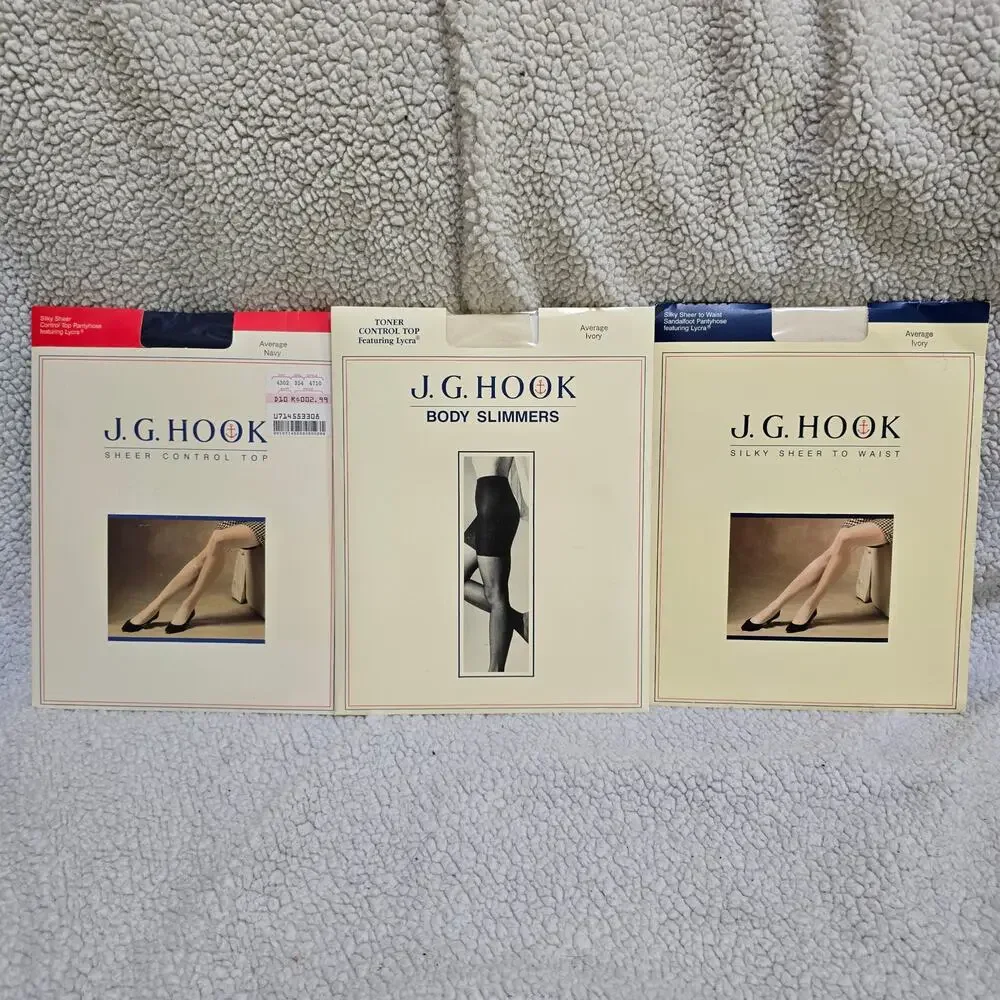 Vintage J.G. Hook Pantyhose Lot 3 Average Ivory Navy Control Top Deadstock